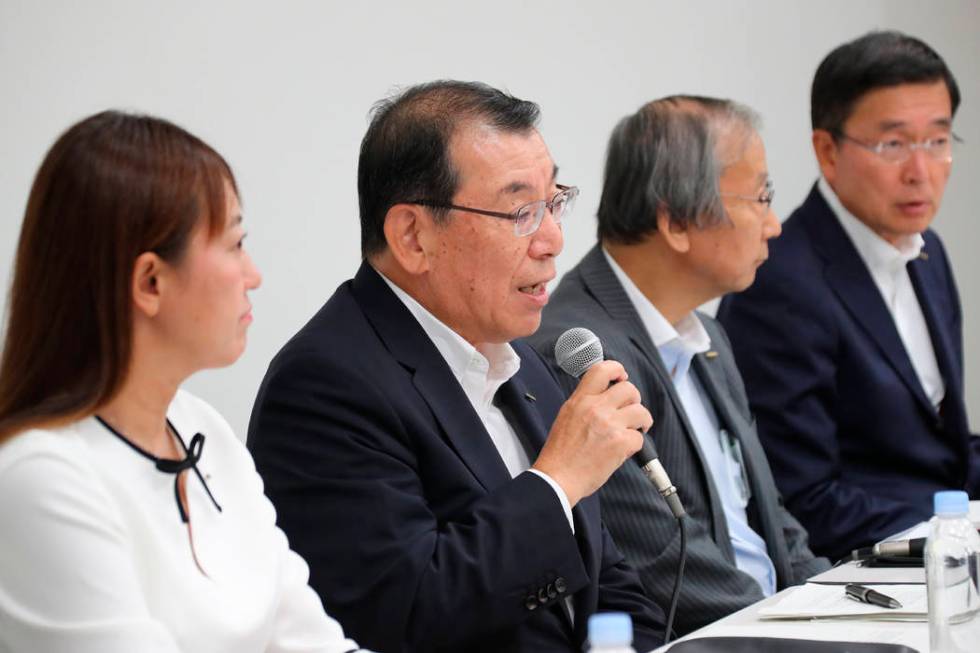 Nissan Motor Co.'s chair of the board of directors Yasushi Kimura, center left, speaks during a ...