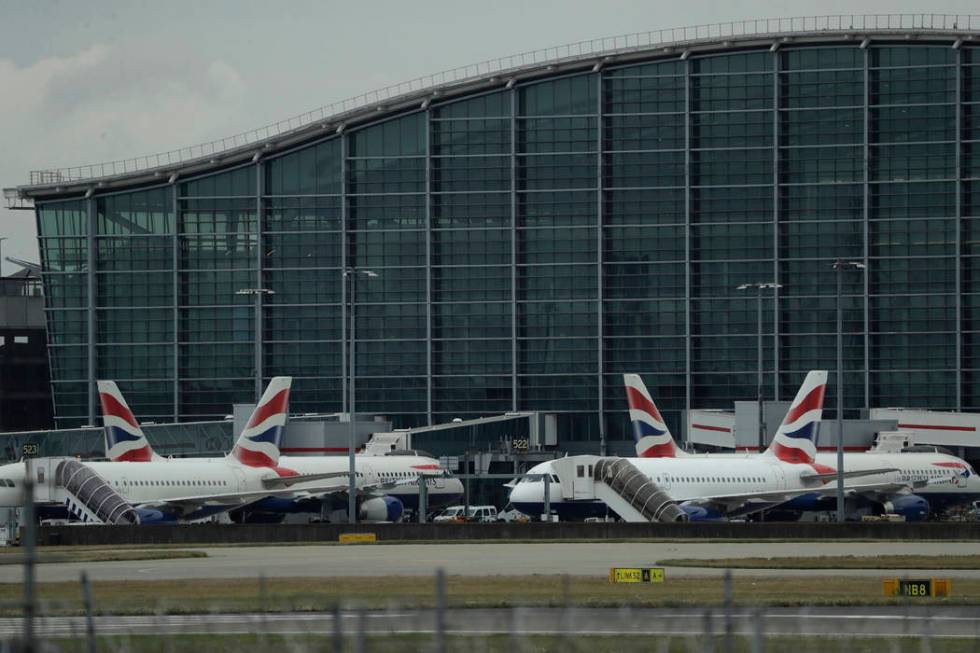 British Airways planes sit parked at Heathrow Airport in London, Monday, Sept. 9, 2019. British ...