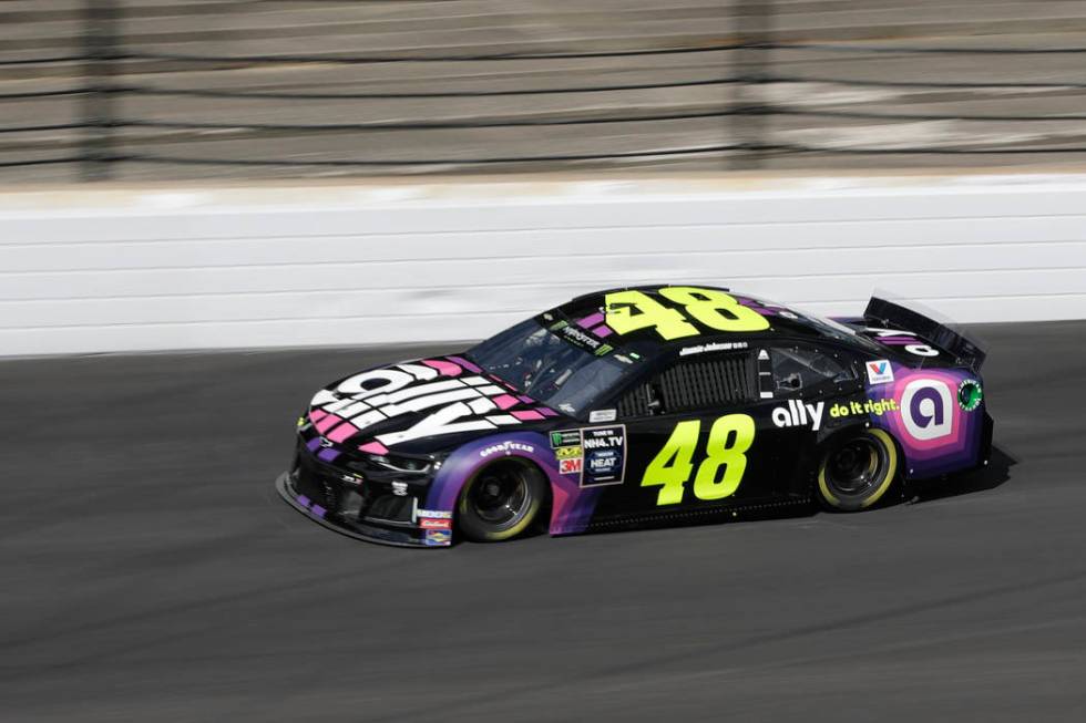 Monster Energy NASCAR Cup Series driver Jimmie Johnson drives into turn one during practice for ...