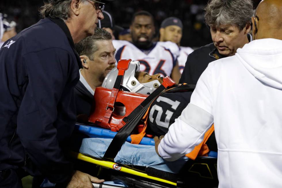 Oakland Raiders cornerback Gareon Conley leaves the game on a stretcher after an injury during ...