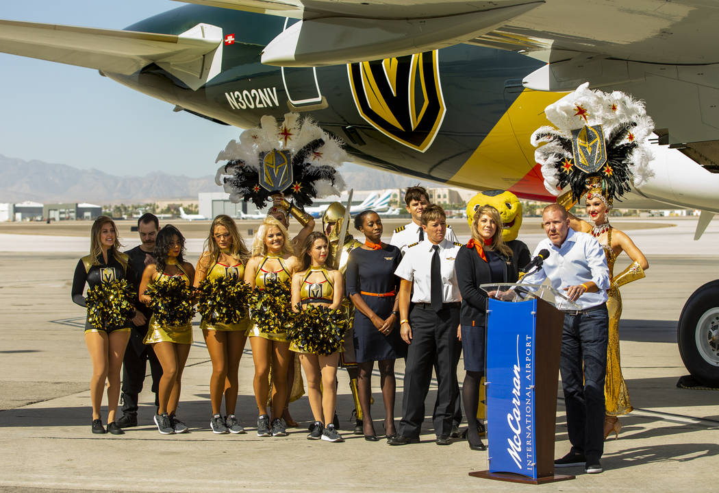 Allegiant CMO Scott DeAngelo speaks as Allegiant unveils a new Golden Knights-themed plane at M ...