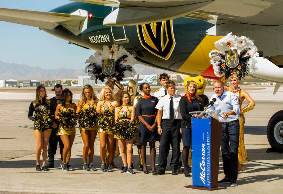 Allegiant CMO Scott DeAngelo speaks as Allegiant unveils a new Golden Knights-themed plane at M ...