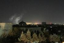 A plume of smoke rises near the U.S. Embassy in Kabul, Afghanistan on Wednesday, Sept. 11, 2019 ...