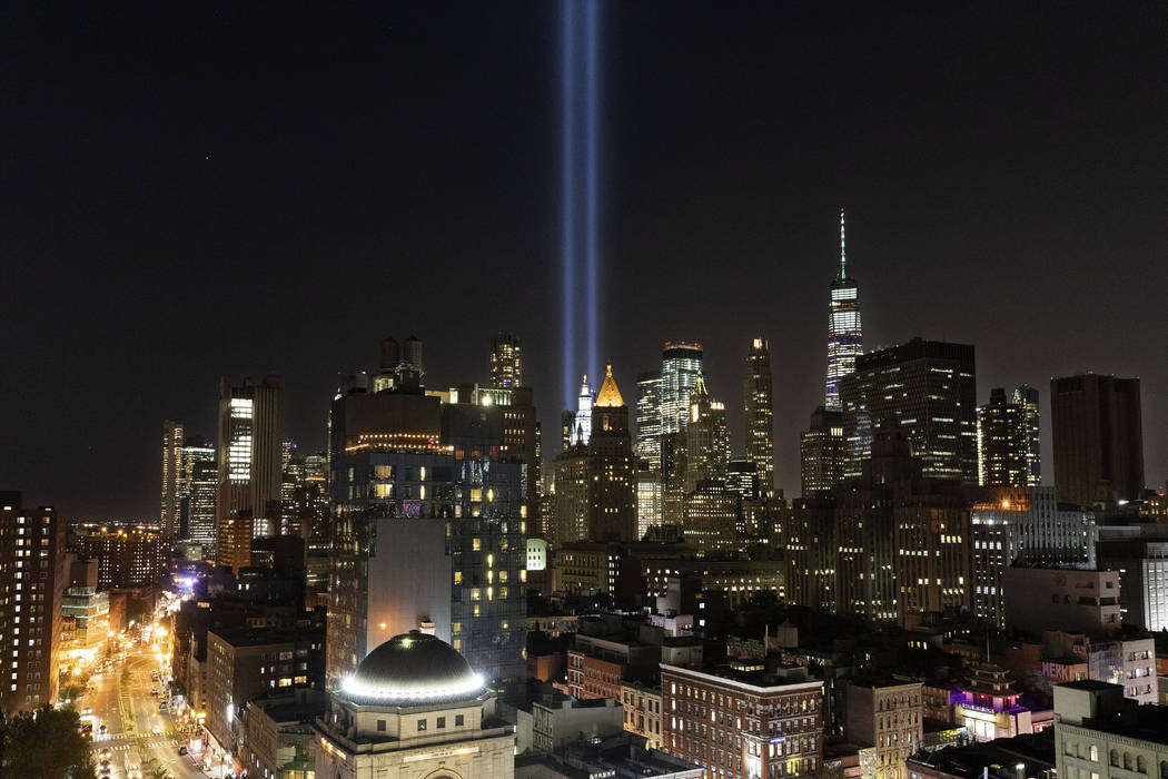 The Tribute in Light rises above the lower Manhattan skyline, Tuesday, Sept. 10, 2019 in New Yo ...