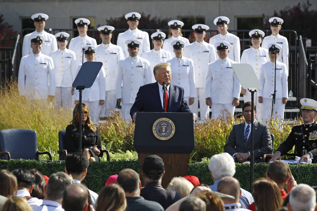 President Donald Trump speaks during a ceremony in observance of the 18th anniversary of the Se ...