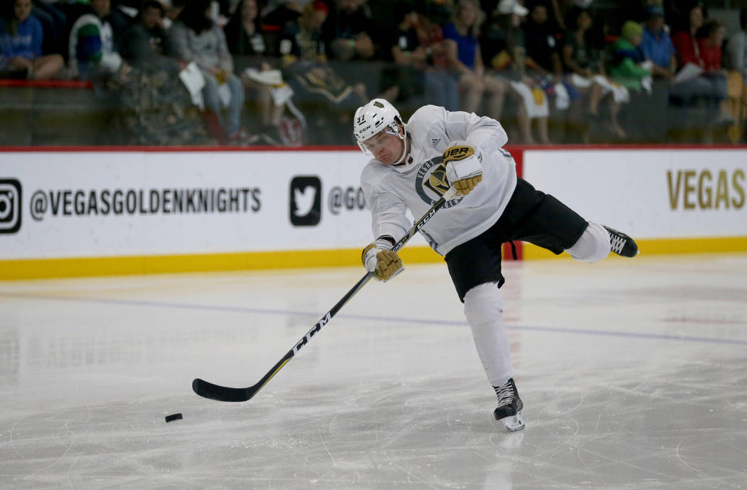 Vegas Golden Knights defender Reid Duke shoots during the first day of development camp at City ...