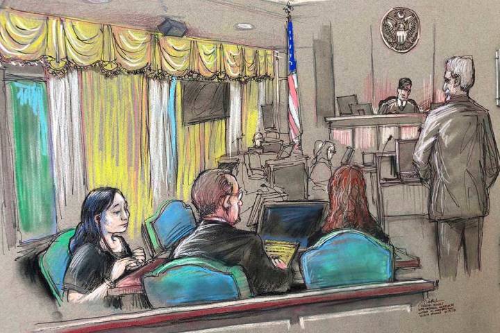 In an April 15, 2019, file court sketch, Yujing Zhang, left, a Chinese woman charged with lying ...