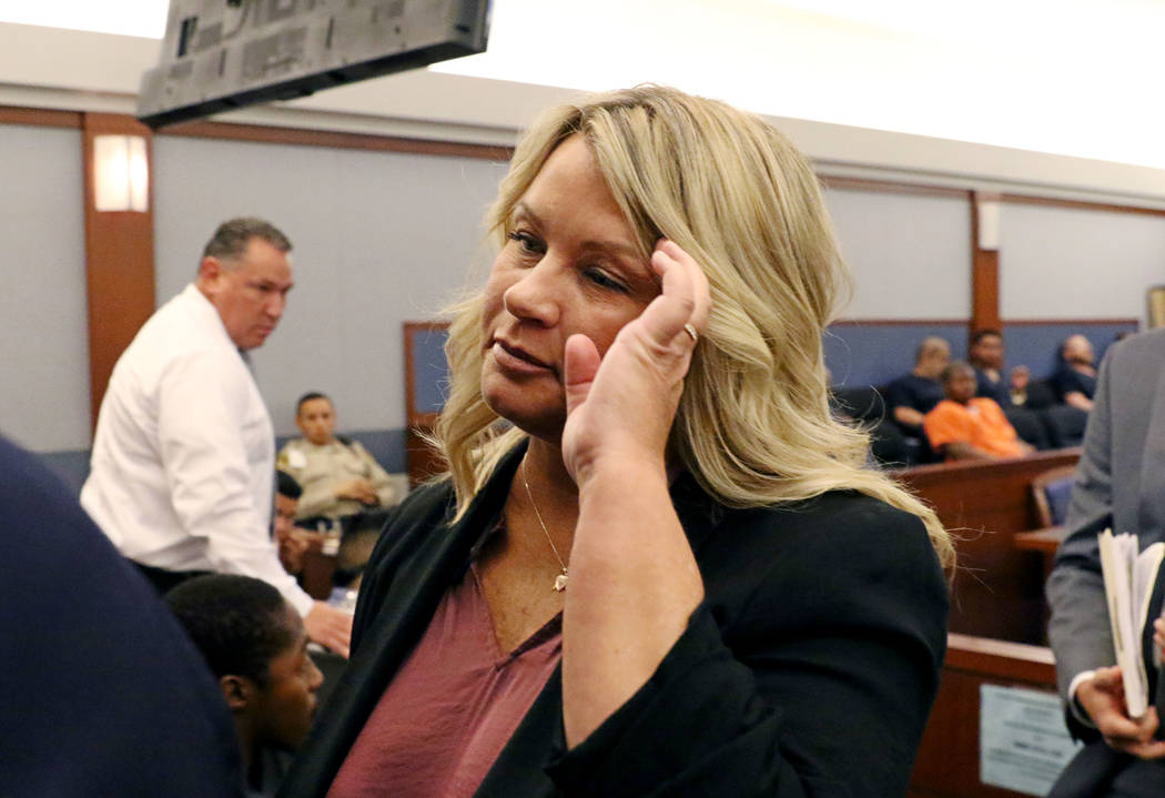 Shelly Calderon leaves the courtroom after her initial arraignment at Regional Justice Center o ...