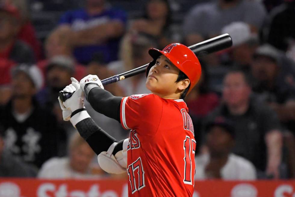 Los Angeles Angels' Shohei Ohtani flies out during the first inning of the team's baseball game ...