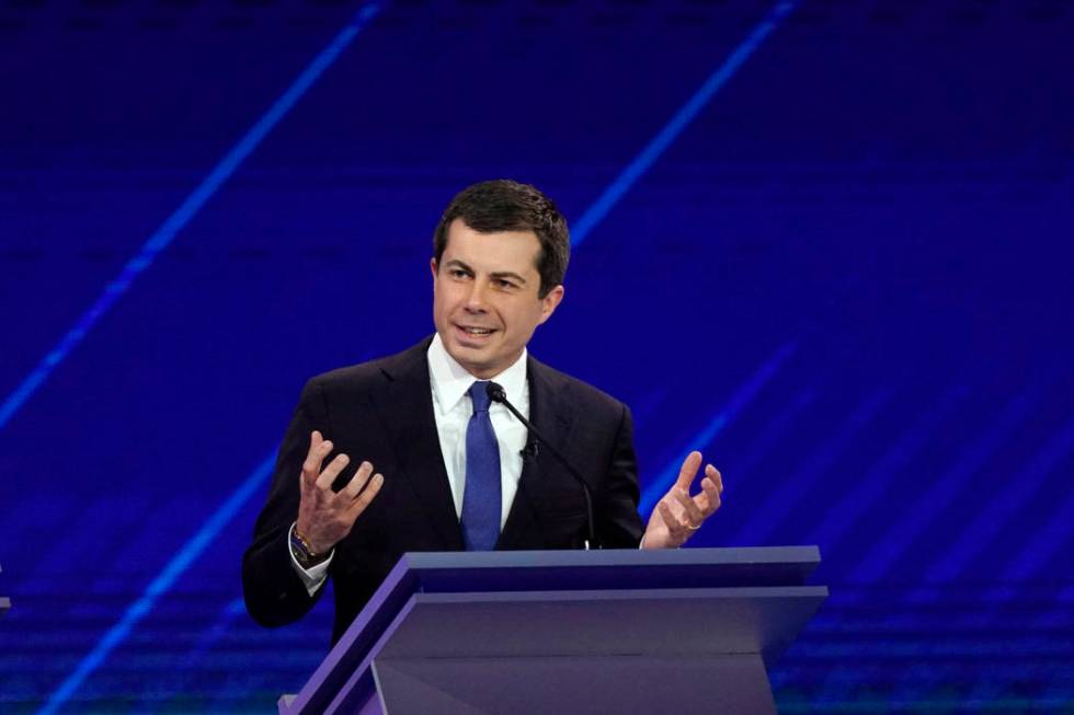 Democratic presidential candidate South Bend Mayor Pete Buttigieg answers a question Thursday, ...