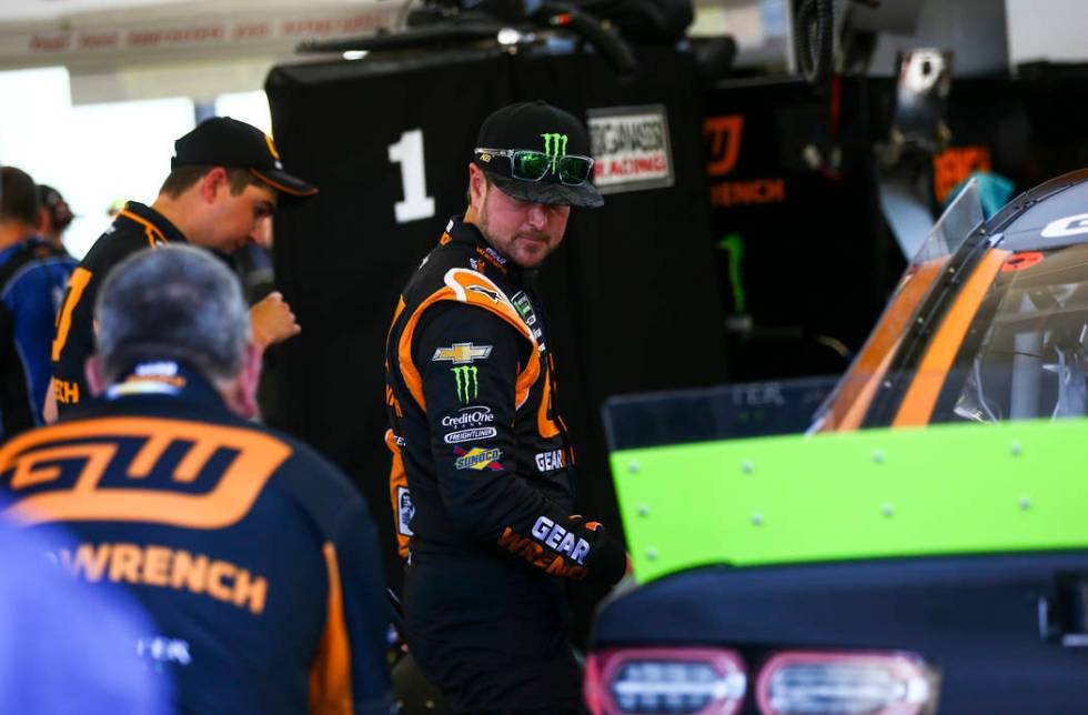 Kurt Busch prepares for qualifying for the Monster Energy NASCAR Cup Series South Point 400 aut ...