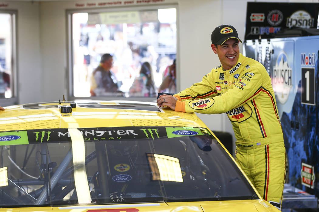 Joey Logano prepares for qualifying for the Monster Energy NASCAR Cup Series South Point 400 au ...