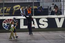 Austin Hill celebrates his win at the NASCAR World of Westgate 200 Truck Series auto race at th ...