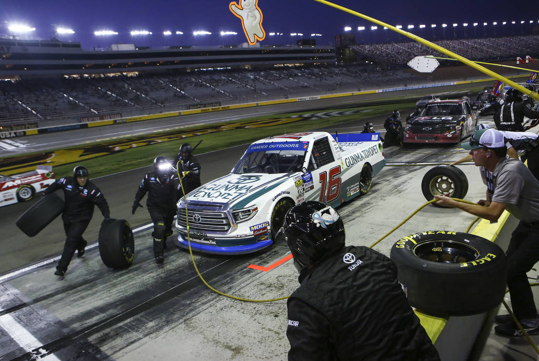 Austin Hill pits during the NASCAR World of Westgate 200 Truck Series auto race at the Las Vega ...