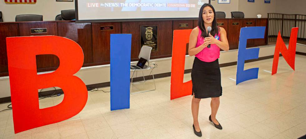 Michelle Kwan, two-time Olympic figure skating medalist, speaks during a Democratic presidentia ...