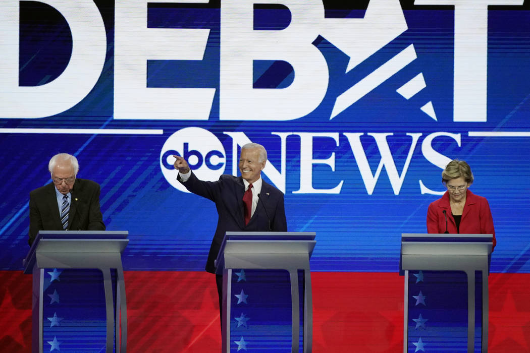 From left, presidential candidates Sen. Bernie Sanders, I-Vt, former Vice President Joe Biden a ...