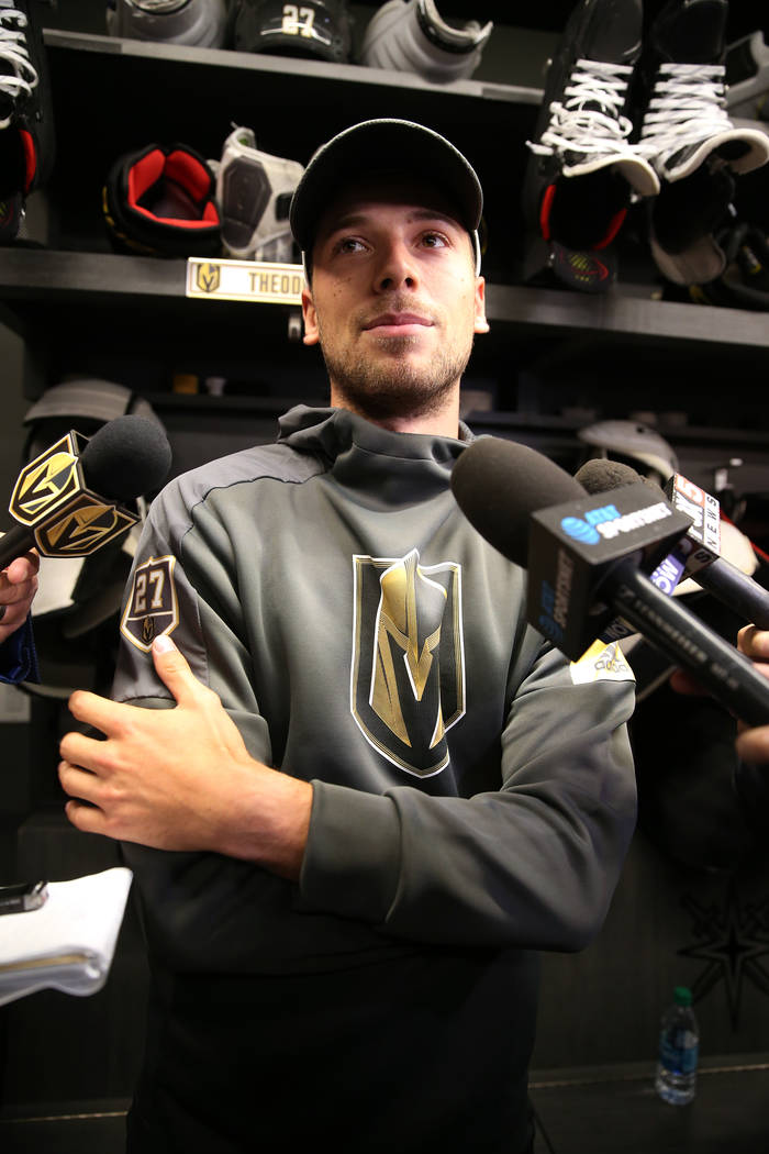 Vegas Golden Knights defenseman Shea Theodore (27) speaks to reporters at City National Arena i ...