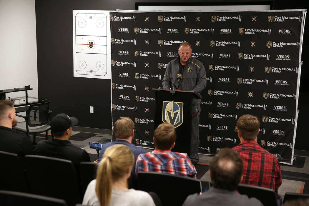 Vegas Golden Knights head coach Gerard Gallant speaks to reporters at City National Arena in La ...