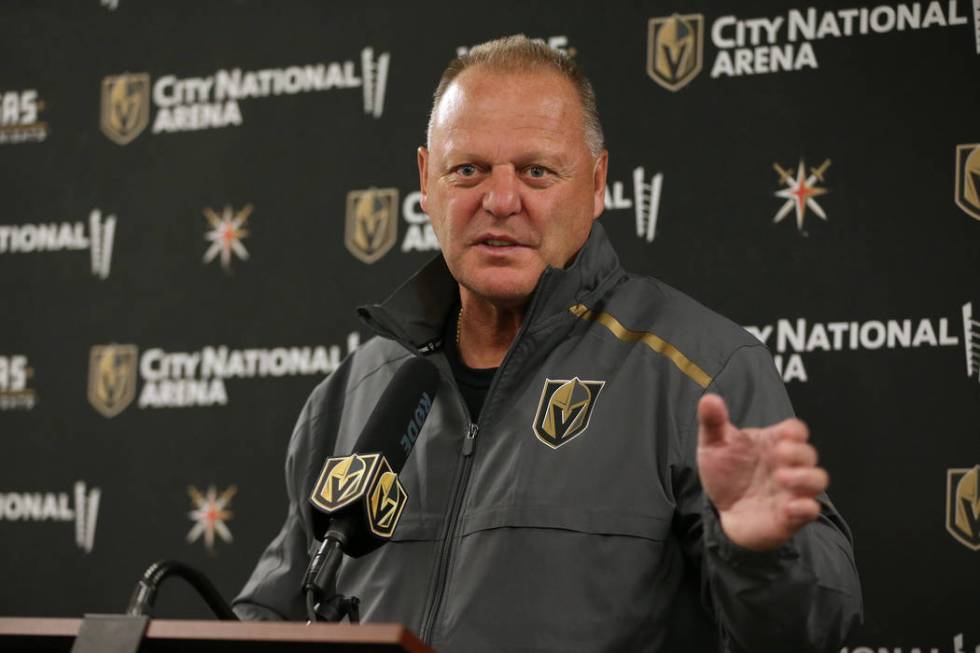 Vegas Golden Knights head coach Gerard Gallant speaks to reporters at City National Arena in La ...