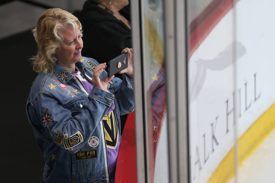 Laurie Woods watches a Vegas Golden Knights team practice at City National Arena in Las Vegas, ...