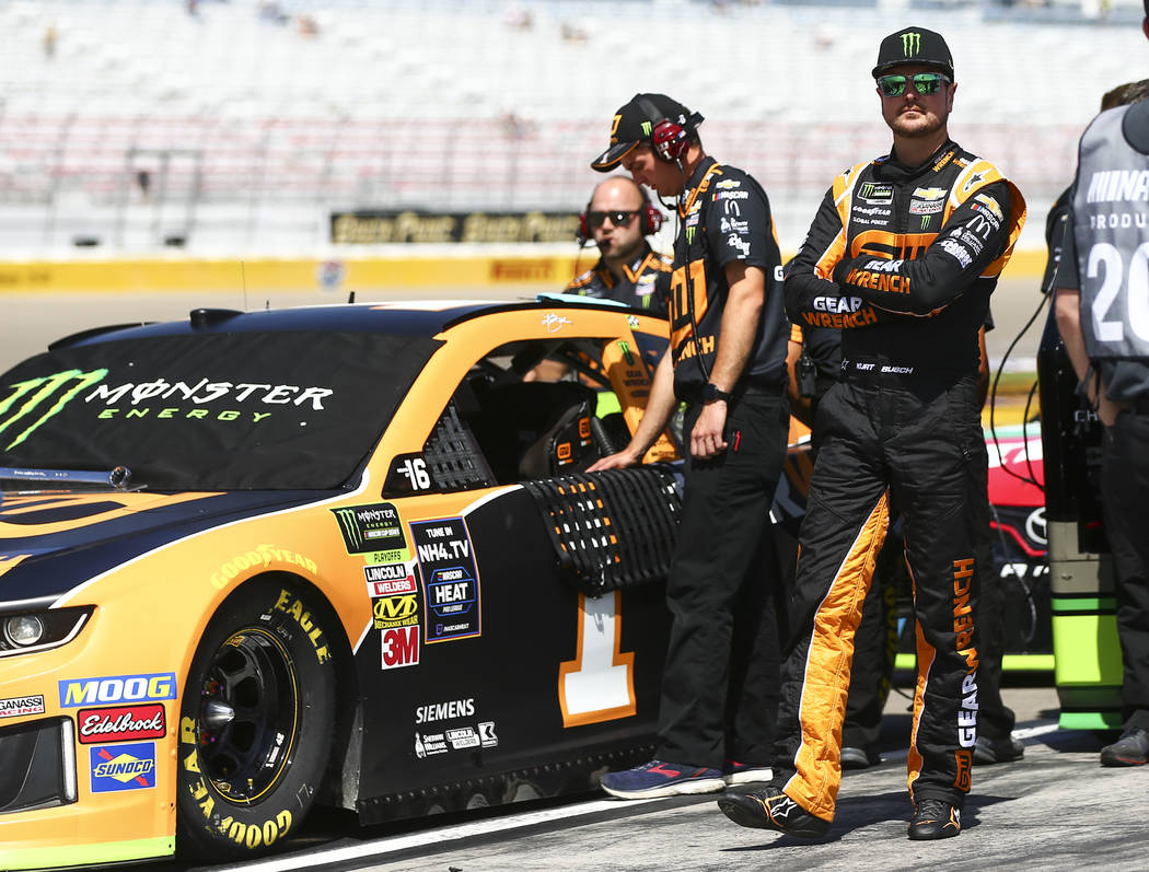 Kurt Busch prepares for qualifying for a NASCAR Cup Series auto race at Las Vegas Motor Speedwa ...