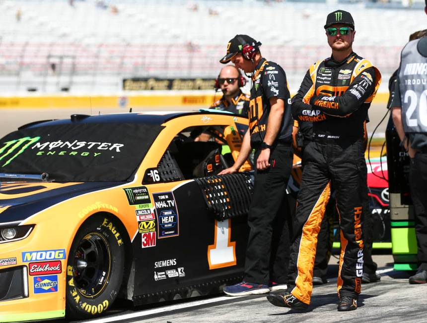 Kurt Busch prepares for qualifying for a NASCAR Cup Series auto race at Las Vegas Motor Speedwa ...