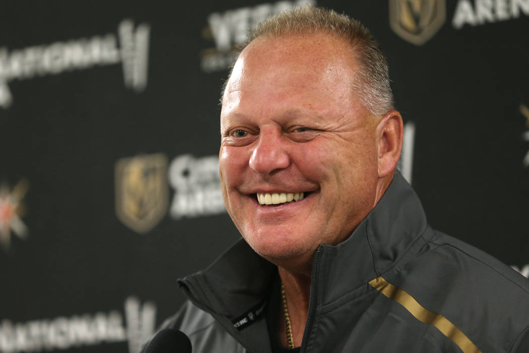 Vegas Golden Knights head coach Gerard Gallant speaks to reporters at City National Arena in La ...