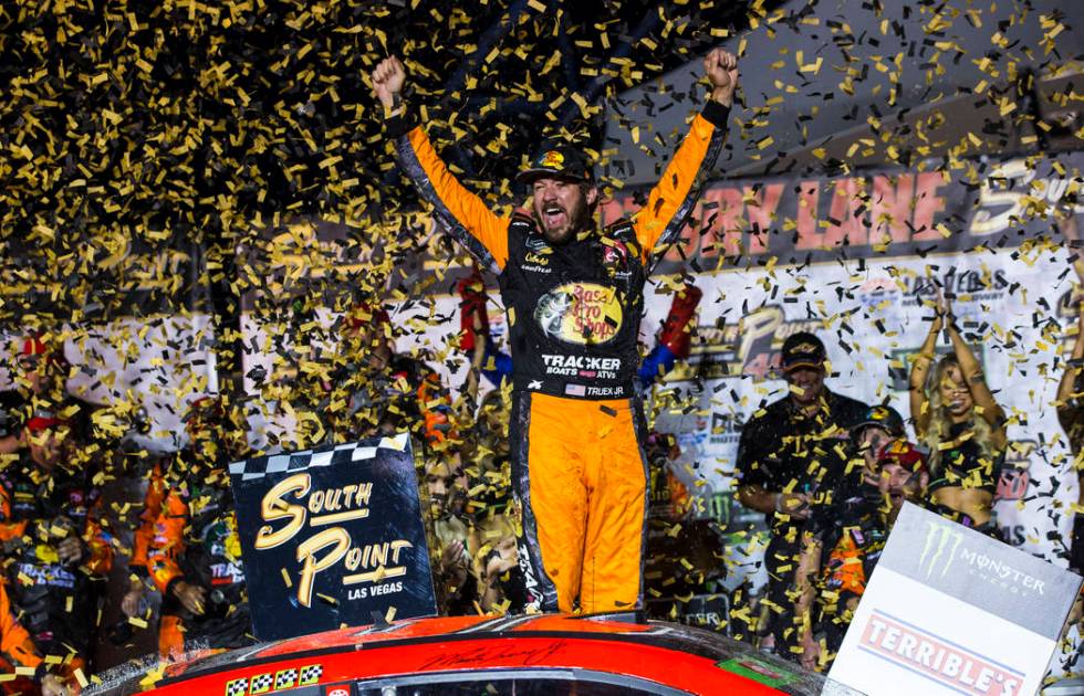 Martin Truex Jr. celebrates after winning a NASCAR Cup Series auto race at the Las Vegas Motor ...