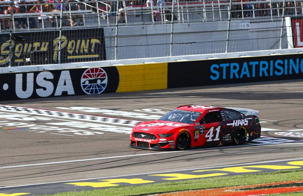 Daniel Suarez (41) drives during a NASCAR Cup Series auto race at Las Vegas Motor Speedway, Sun ...