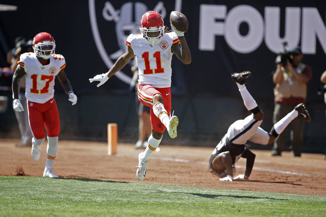 Kansas City Chiefs wide receiver Demarcus Robinson (11) celebrates after scoring a touchdown as ...