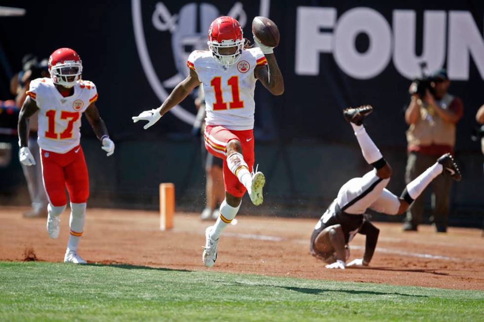 Kansas City Chiefs wide receiver Demarcus Robinson (11) celebrates after scoring a touchdown as ...