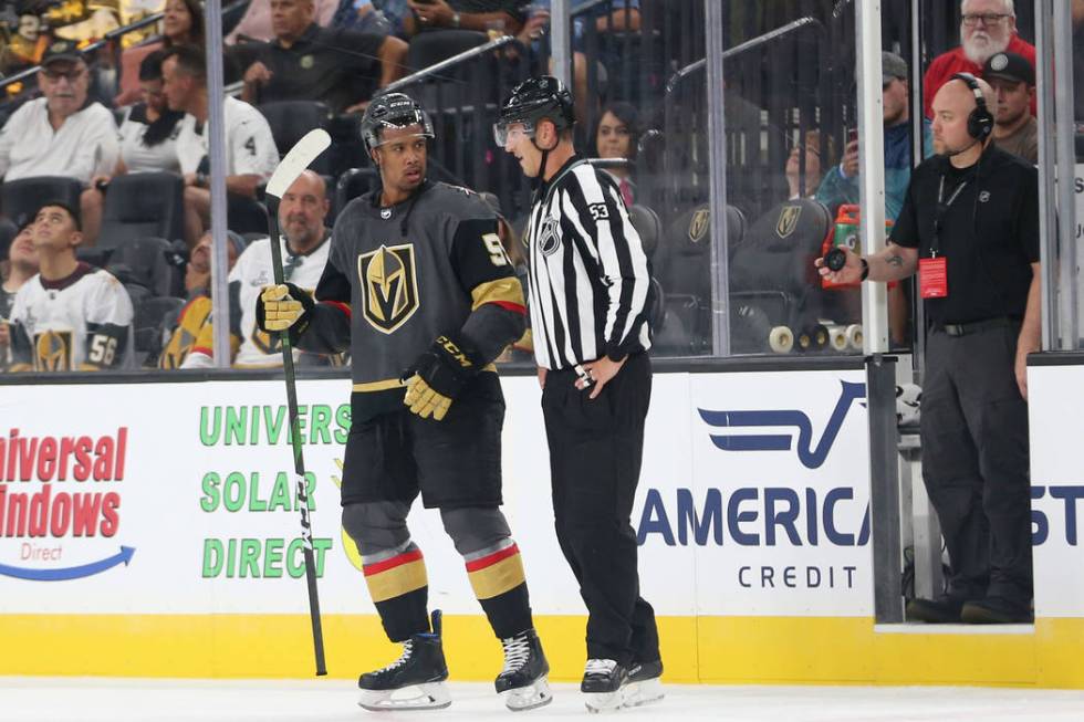 Vegas Golden Knights right wing Keegan Kolesar (55) is ejected from the game after a foul again ...