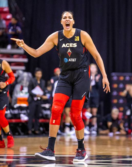 Las Vegas Aces center Liz Cambage (8) is pumped as her team goes up late on the Chicago Sky dur ...