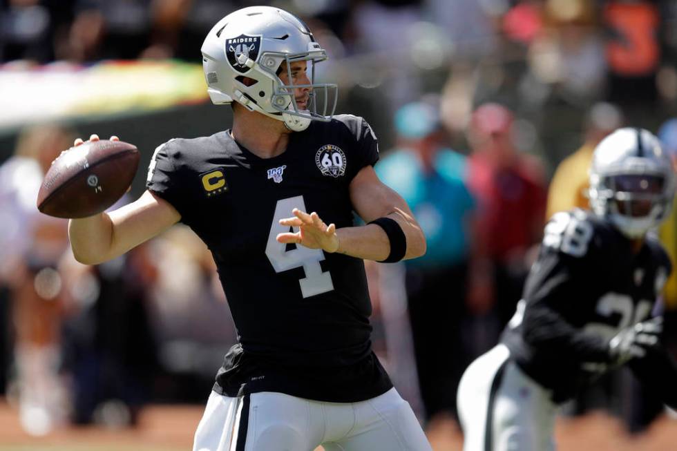 Oakland Raiders quarterback Derek Carr throws the ball during the first half of an NFL football ...