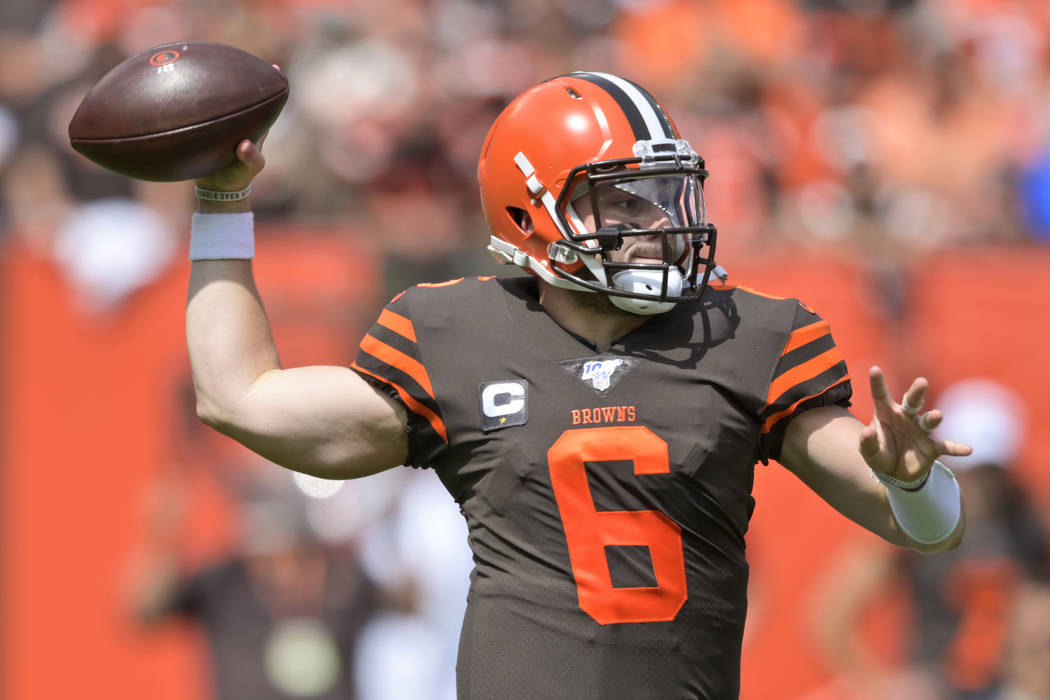Cleveland Browns quarterback Baker Mayfield throws during the first half in an NFL football gam ...