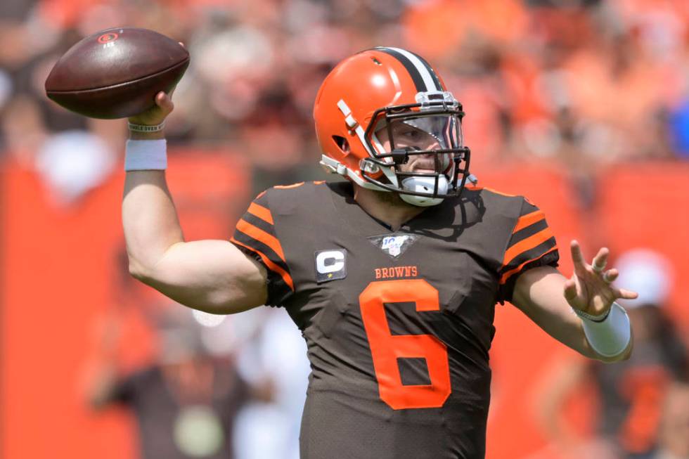 Cleveland Browns quarterback Baker Mayfield throws during the first half in an NFL football gam ...