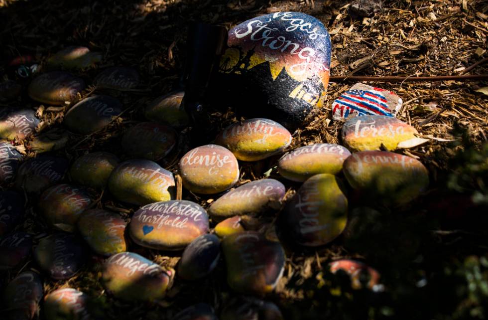 Stones inscribed with the names of the Oct. 1 victims at the Las Vegas Healing Garden in Las Ve ...