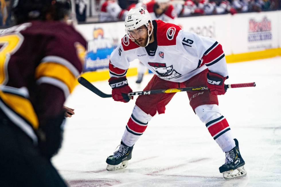 Charlotte Checkers center Nicolas Roy (15) skates against the Chicago Wolves on June 6, 2019, d ...