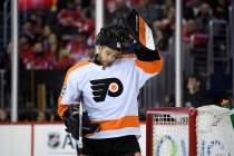 Philadelphia Flyers goaltender Mike McKenna (56) stands on the ice during the second period of ...