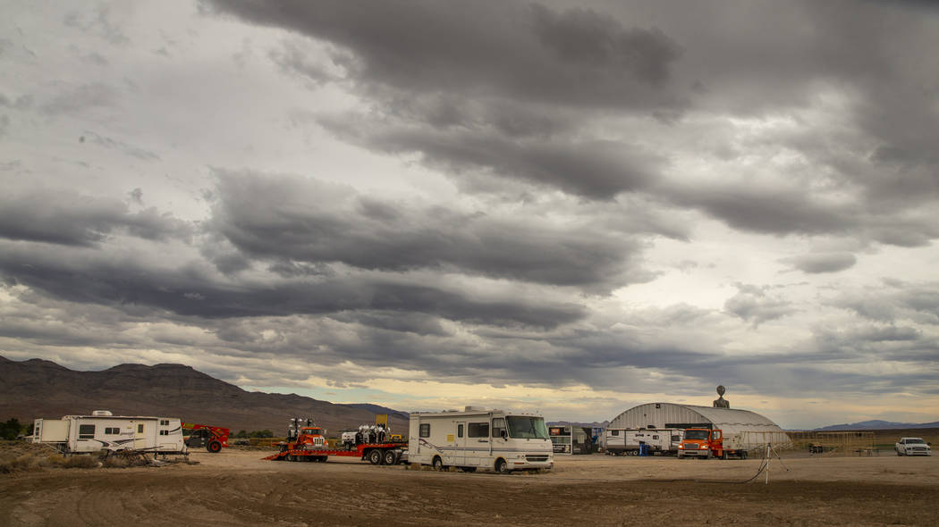 Storm clouds build up about the Area 51 Basecamp festival grounds at the Alien Research Center ...