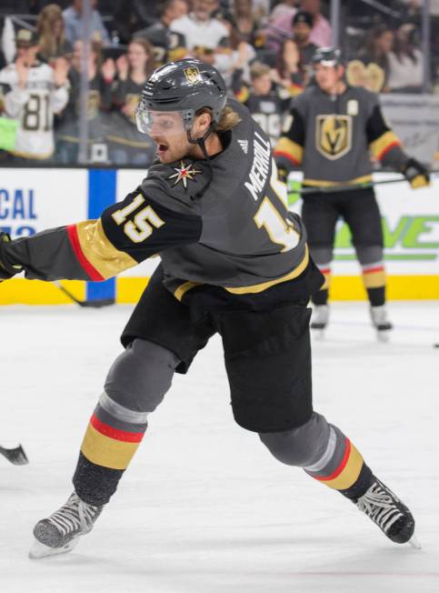 Golden Knights defenseman Jon Merrill (15) on Monday, April 1, 2019, at T-Mobile Arena, in Las ...