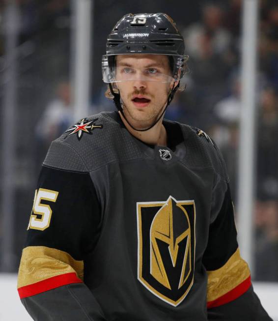 Vegas Golden Knights defenseman Jon Merrill (15) plays against the Toronto Maple Leafs during t ...