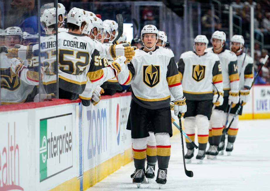 Vegas Golden Knights left wing Valentin Zykov (7) celebrates a goal against the Colorado Avalan ...