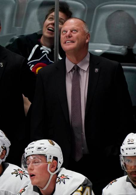 Vegas Golden Knights coach Gerard Gallant smiles during the third period of the team's preseaso ...