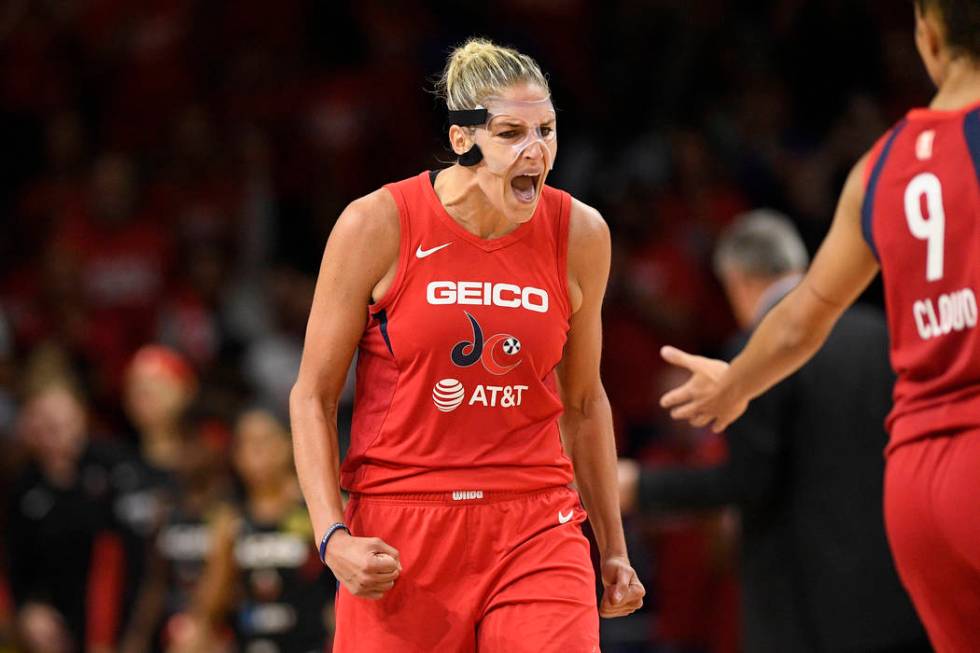 Washington Mystics forward Elena Delle Donne reacts after she made a basket against the Las Veg ...