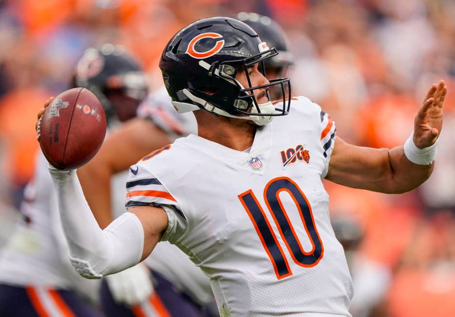 Chicago Bears quarterback Mitchell Trubisky throws during an NFL football game between the Denv ...