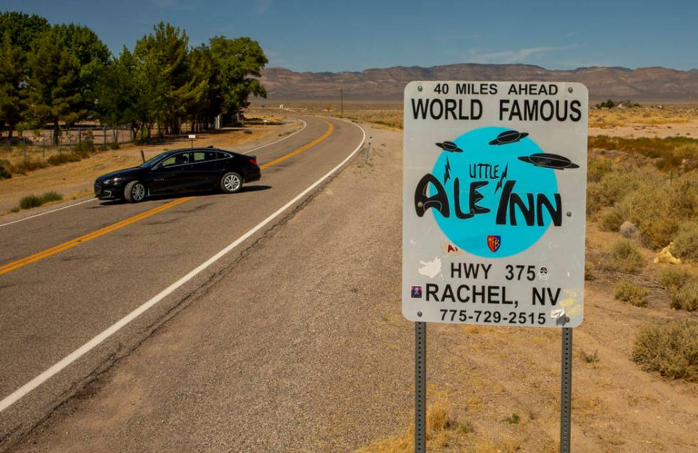 A sign promoting the Little A'Le'Inn 40 miles ahead on the Extraterrestrial Highway/State Route ...