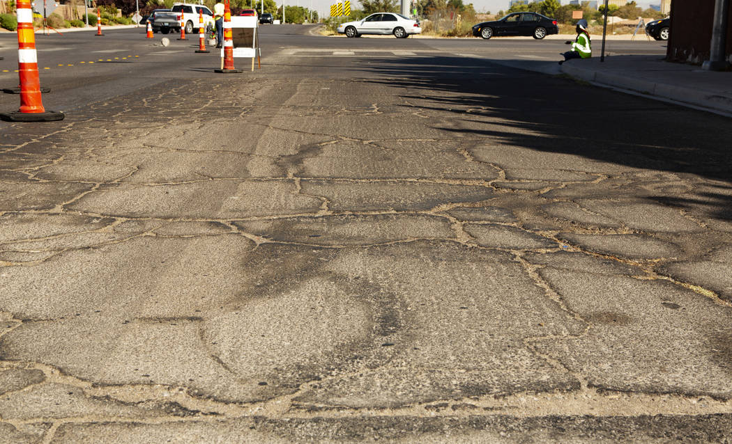 South Valley View Boulevard in the Enterprise area is damaged from trucks driving in a no-truck ...