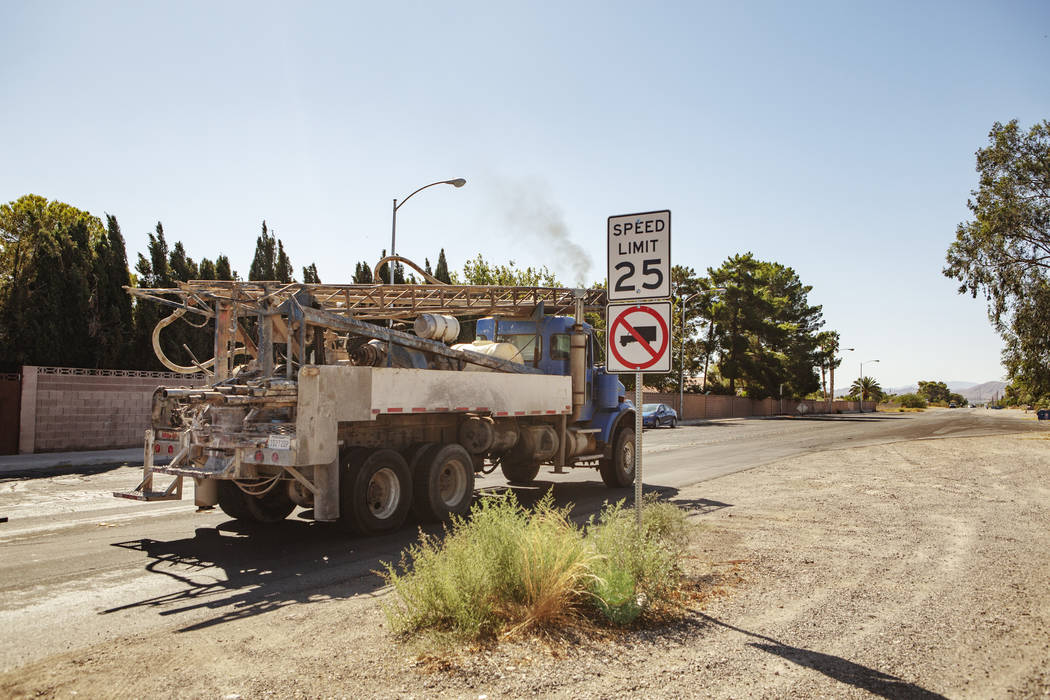 A truck drives through a no-trucks zone on South Valley View Boulevard on Wednesday, Sept. 18, ...