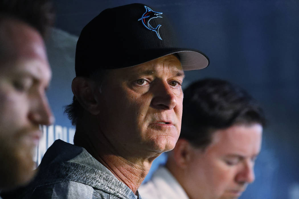 Miami Marlins manager Don Mattingly speaks to members of the media before the start of a baseba ...